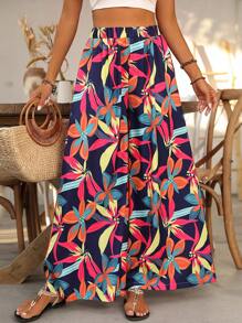 SHEIN PETITE Women's Casual Wide Leg Floral Print Pants, Vacation Style Fall Cloth For Women - Multicolor - View 5