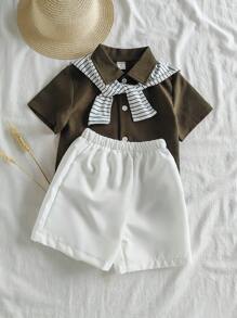 SHEIN Vintaside Kids 2pcs/Set Toddler Boys' Fashionable Versatile Casual Vacation All-Match Outfit, Spring/Summer - Dark Green - View 4