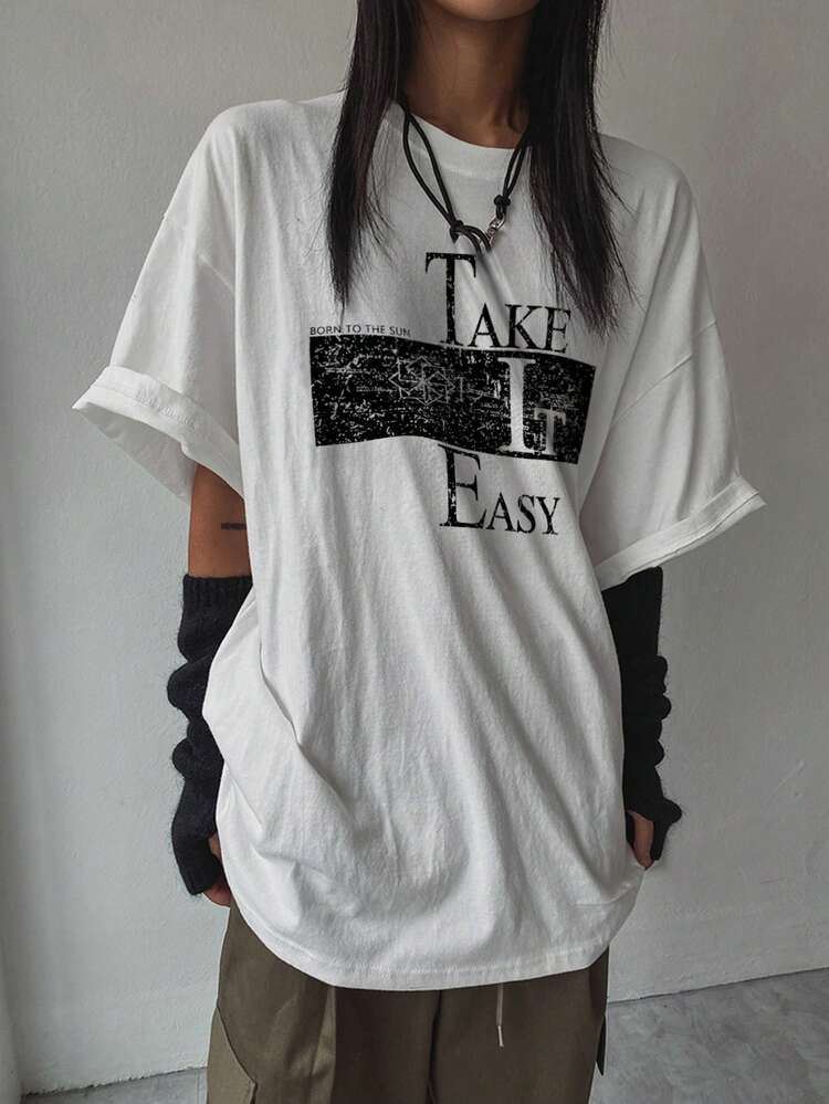 Women Loose Round Neck Graphic Print Short Sleeve T-Shirt, White, Spring/Summer Oversized T-Shirt
