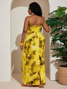 Slaydiva Plus Size Women Elegant & Romantic Party Twist Print Bodycon Slit Midi Dress - Yellow - View 2