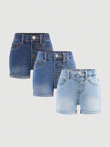 SHEIN 2025新款女婴三件套婴儿深蓝、藏青色、浅蓝色牛仔弹力紧身短裤套装，儿童女童春夏休闲度假乡村波西米亚风服装，儿童女童沙滩装，女童西部街头装，春假，锐舞节牛仔短裤 - 彩色 - 查看 2