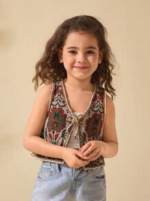 Adorable Girl Floral Patterned Vest, Versatile Summer