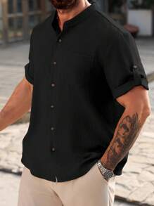 Manfinity Homme Plus Size Men's Casual Solid Color Short Sleeve Shirt For Summer - Black - View 5