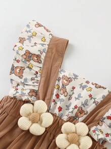 SHEIN Playful Pals Baby Girl Floral Overall Outfit, Sweet Adorable Teddy Bear & Tiny Flower Print Design, Perfect For Newborn Baby Photo Shoot, Korea/Japan Style