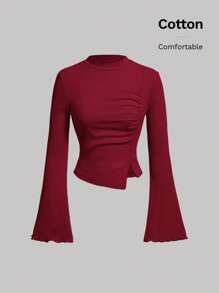 SHEIN MOD Women's Pleated Side Split Bell Sleeve T-Shirt - Burgundy - View 1