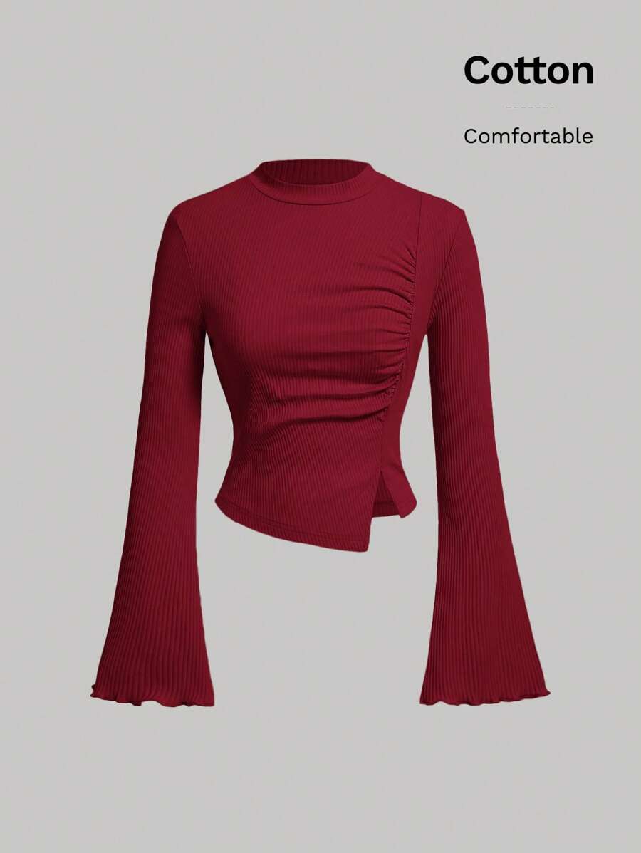 SHEIN MOD Women's Pleated Side Split Bell Sleeve T-Shirt - Burgundy - View 1