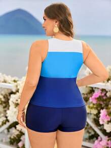 Swim Lushoire Plus Size Women Contrasting Color Block Tankini Bikini Two Pieces Swimsuit For Summer Vacation - Multicolor - View 2