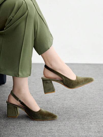 CUCCOO BIZCHIC Women's Fashion Velvet Material Backstrap Chunky Heel Pointed Toe PU Leather Commuter Formal Green Shoes, Suitable For Work, Party, Holiday For Christmas