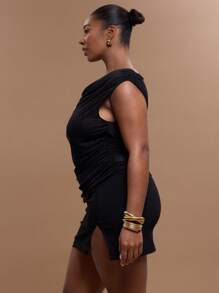 MUSERA Plus Size Ruched Cowl Neck Tank Top Elegant Classy Holiday Cute Holiday - Black - View 3