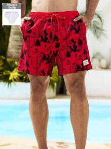 Surfspeed Men's Plant Print Drawstring Waist Beach Shorts - Red - View 1