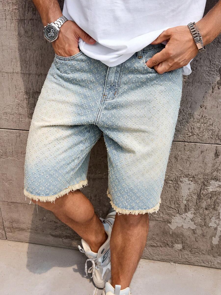 Manfinity Homme 男士休闲牛仔百慕大短裤，轻盈水洗纹理面料，磨边下摆，拉链开合