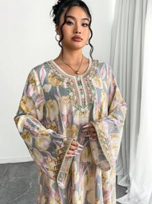 Al Najma Plus Size Floral Print Patchwork Flounce Hem Arabic Style Dress For Women, Modest - Multicolor - View 4