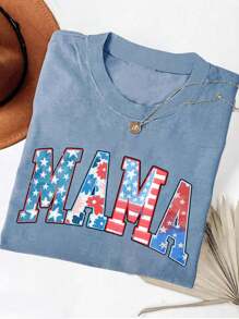 SHEIN Camiseta "Madre Americana", Camiseta de Madre, Camiseta Vintage de Madre Americana, Camiseta del 4 de Julio, Madre Americana, Camisa Vintage Americana, Color Cómodo, Regalo para Madre, Gráfico Impreso en Camiseta de Mujer - Neblina azul - View 1
