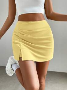 SHEIN EZwear Summer Yellow Solid High Waist Split Hem Skort, Butter Yellow - Yellow - View 6