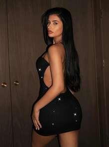 SHEIN ICON 女士春夏装狂欢节闪亮时尚性感露背闪亮水钻修身迷你连衣裙 - 黑色 - 查看 2