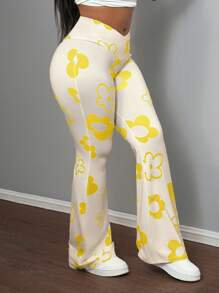 Slaydiva 新款休闲街头运动弹力腰带全枝印花两侧立体工作口袋阔腿裤女