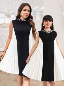 SHEIN LUNE SHEINLUNE Damen Große Größen Midi-Kleid im A-Linie Stil mit Farbblockmustern und Perlenbesatz, Sommeroutfit für Frauen, süße Sommerkleider für Frauen, Abschlusskleid, Brunch-Outfit für Frauen, Kreuzfahrt-Outfit für Frauen, Fairycore elegante Outfits für Frauen - Schwarz - Übersicht 1