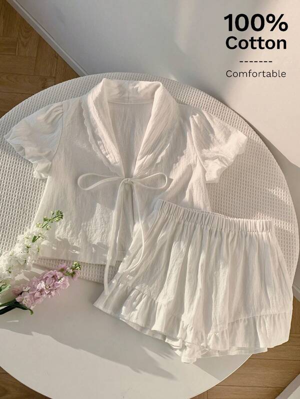 Comfortcana Set de 2 piezas: Camisa con cuello y manga corta de unicolor con nudo delantero y shorts para mujer