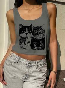 SHEIN EZwear Women Loose Casual Cat Pattern U-Neck Cropped Tank Top, Suitable For Summer Back To School - Grey - View 5