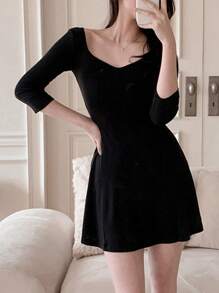 DAZY 女式七分袖修身腰喇叭公主迷你连衣裙，休闲女式连衣裙