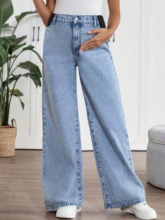 SHEIN Maternity Straight Leg Jeans, Casual And Loose, Blue Color, Mother's Day Gift, Rave Country Concert Festival Nashville Ibiza Vacation Brunch, Mother's Day Gift