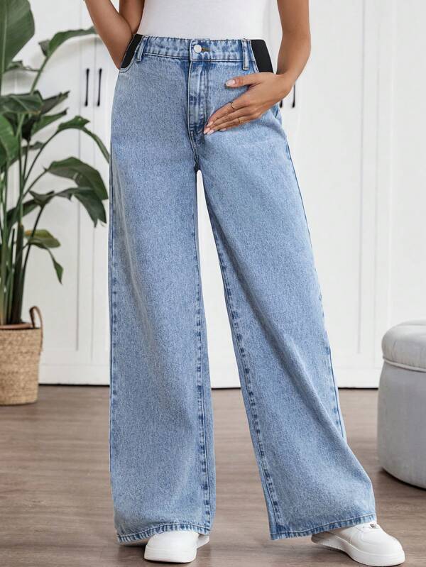 SHEIN Maternity Straight Leg Jeans, Casual And Loose, Blue Color, Mother's Day Gift, Rave Country Concert Festival Nashville Ibiza Vacation Brunch, Mother's Day Gift
