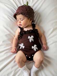 Souflis Souflis Baby Girls' Cute Ruffle & Car Graphic Snap-Up One-Piece Bodysuit, Purple Stripe, Summer Korean Style - Brown - View 1