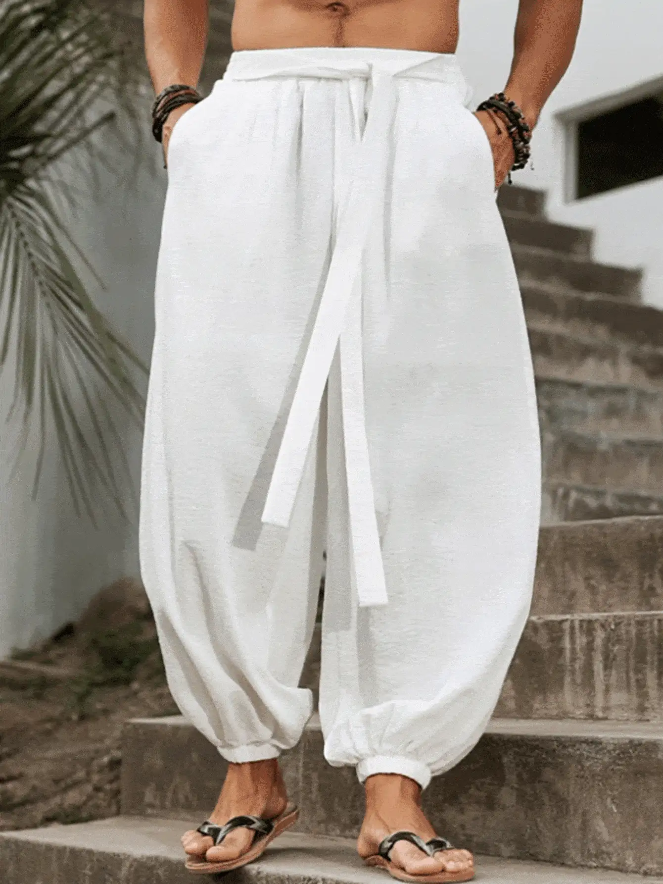 Manfinity RSRT Men's Loose Fit Pants, Casual Trousers, Nepali Slant Pocket Pants, Fall - White - View 2