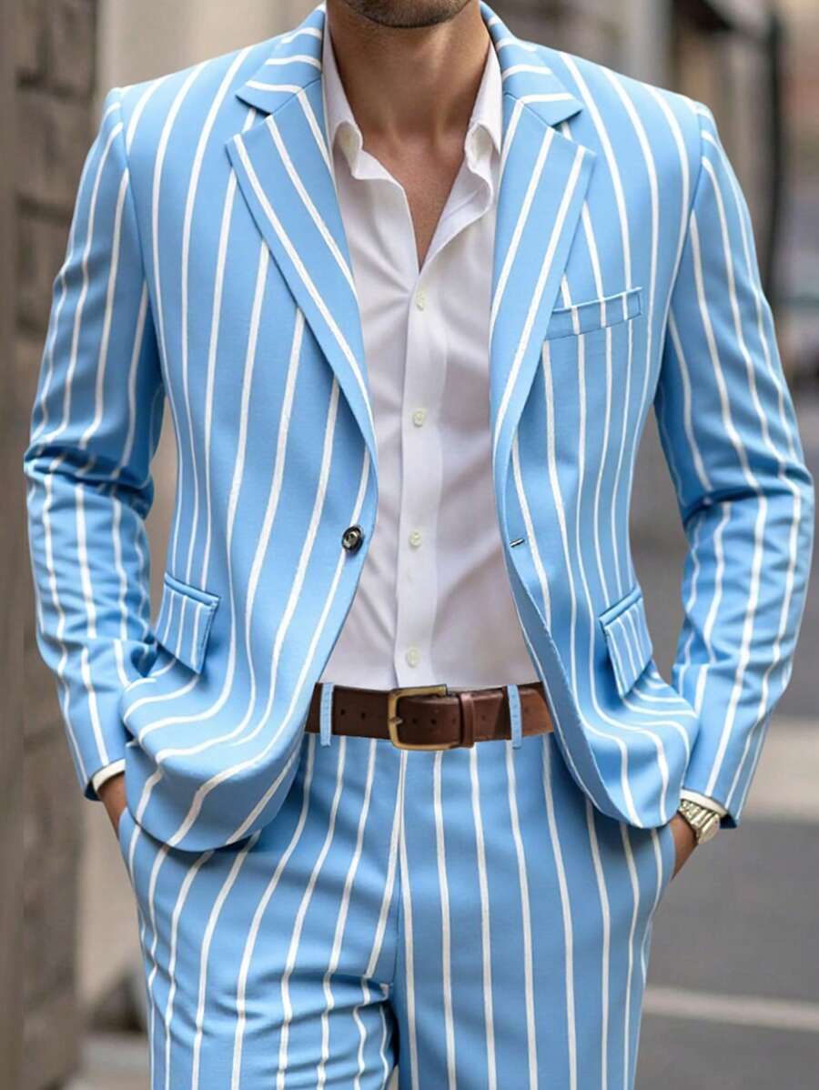 Manfinity Mode Men's Striped & Lapel Neck Long Sleeve Blazer And Shorts Suit Set Men Casual Suit