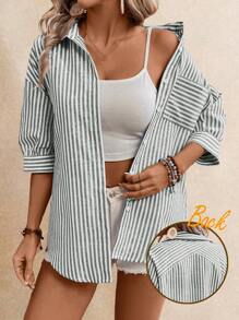 Poéselle 女式夏季条纹落肩单排扣休闲宽松百搭衬衫 - 墨綠色 - 查看 2