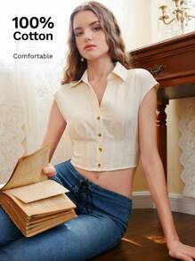 SHEIN MOD Camisa unicolor con botón delantero - Beis - Ver 1