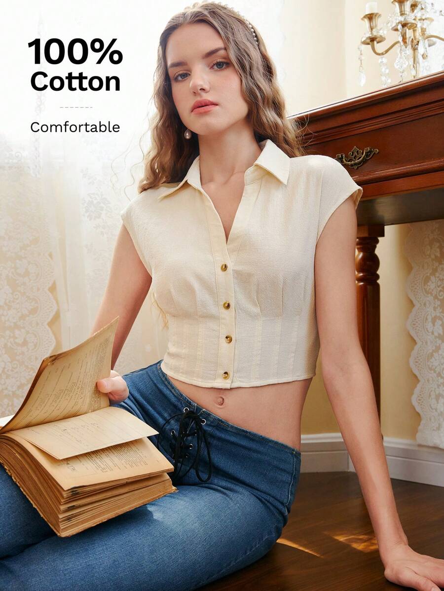 SHEIN MOD Camisa unicolor con botón delantero - Beis - Ver 1