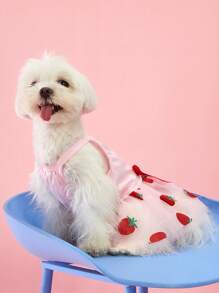PETSIN 1pc Pet Strawberry Print Tulle Dress With Bow Tie, Cute & Sweet For Dogs And Cats - Multicolor - View 4