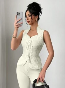 Chiquease Chinese Collar Cinched Waist Front Tie-Up Sleeveless Top, Solid Color, Fashionable For Summer