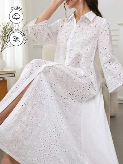 Al Najma Collared Hollow-Out Embroidery Panel Solid Color Front Button Closure Dress, Modest