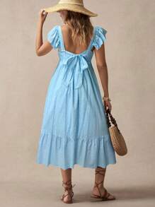 SHEIN 孕妇装圆点印花方领盖袖休闲度假连衣裙 - 藍色 - 查看 2