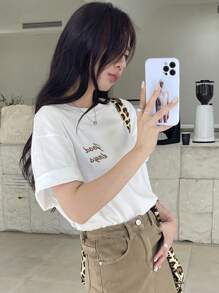 DAZY Áo thun nữ tay ngắn thêu chữ mùa hè - trắng - Xem 4