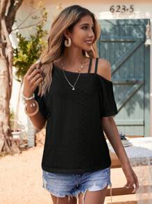 SHEIN LUNE Women's Oblique Shoulder Decorative Hollow Embroidered Jacquard Textured Fabric Casual Vacation Elegant T-Shirt - Black - View 5