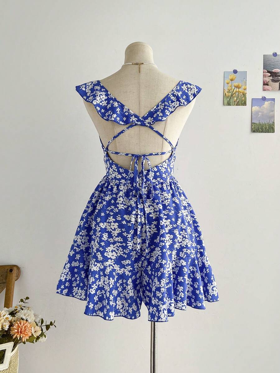 Soleia Allover Floral Print Ruffle Trim Romper - Blue and White - View 1