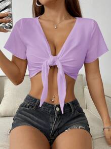 Muchica Women's Lilac Purple Semi-Sheer Woven Fabric Deep V Neck Tie Front Micro Crop Blouse: Casual And Chic Short Sleeve Summer Top