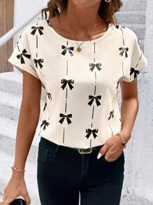 SHEIN Clasi Summer Vacation Outfits Women's Bowknot Striped Geometric Print Loose Fit Round Neck Blouse, Summer Apparel - Multicolor - View 5