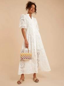 Travachic Women's Solid Color Eyelet Embroidery Collar A-Line High Waisted Dress,Summer Dresses For Women,Summer Outfits,Summer Outfits For Women White Dresses For Women Women Casual Dress Women Short Dresses Summer,Business Casual Woman