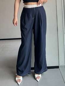 Dazy Plus Lace Paneled Waist Wide Leg Casual Palazzo Pants - Navy Blue - View 5