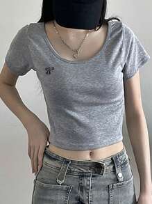 DAZY Women's Oversized Round Neck Letter Embroidery Cropped Short Sleeve T-Shirt With Bow, Grey, Spring/Summer