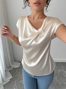 Franclia 1 件女式法式蝴蝶装饰衬衫，女式杏色不对称领衬衫 - 杏色 - 查看 6