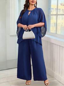 SHEIN Belle 2pcs Plus Size Chiffon Multi-Layer V-Neck Short Sleeve Blouse + Straight Loose Pants Casual Outfit For Work - Navy Blue - View 4