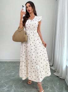 EMERY ROSE Women's Boho Cherry Print Long Dress With V Neck, Cap Sleeves, And Ruffle Hem Detail
