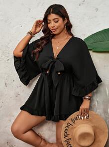 SHEIN VCAY 加大码节日纯色蝙蝠袖、荷叶边下摆、系腰连体裤、母亲节礼物、复活节服装、女士度假服装、女士音乐会服装 - 黑色 - 查看 6