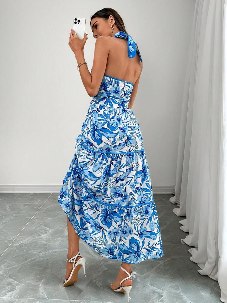 Women's Blue Floral Print Halter Midi Dress: Sleeveless Boho Summer Dress With Ruffle Hem And Tiered Skirt