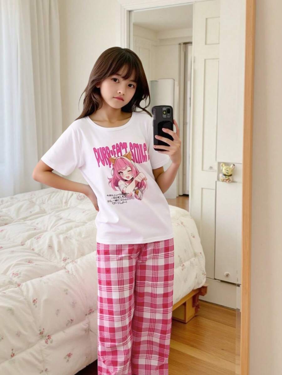 Tween Girls 2pcs Pajama Set - Pink Casual Top & Plaid Print Pink Pants, Modern & Comfortable Short Sleeve Loungewear - White - View 1